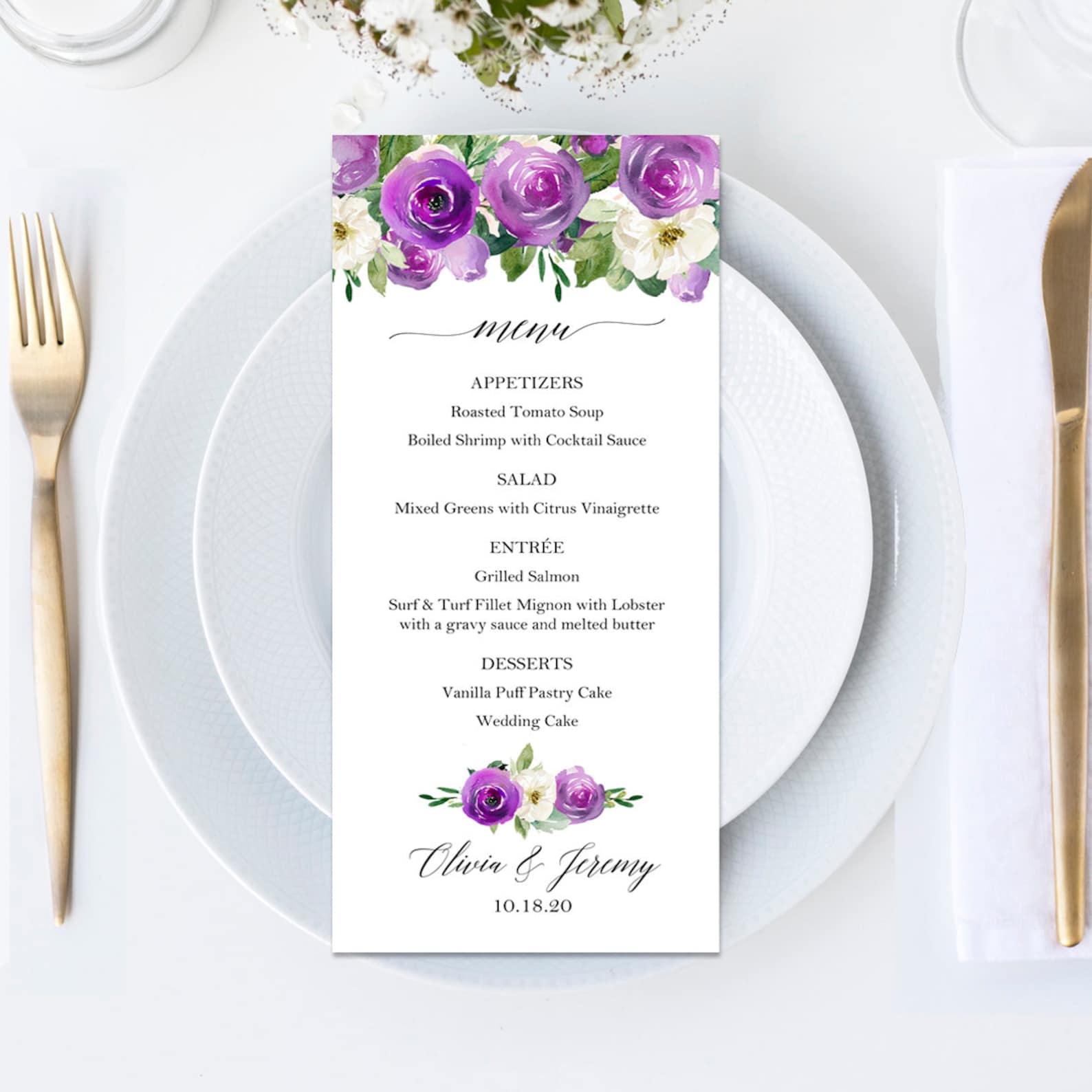Purple-themed wedding reception supplies - purple floral wedding menu