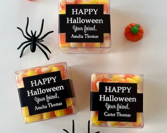 Personalized Halloween Box Set - Labels and Clear Boxes Any Wording PRINTED Party Favors Corporate School - Candy not included