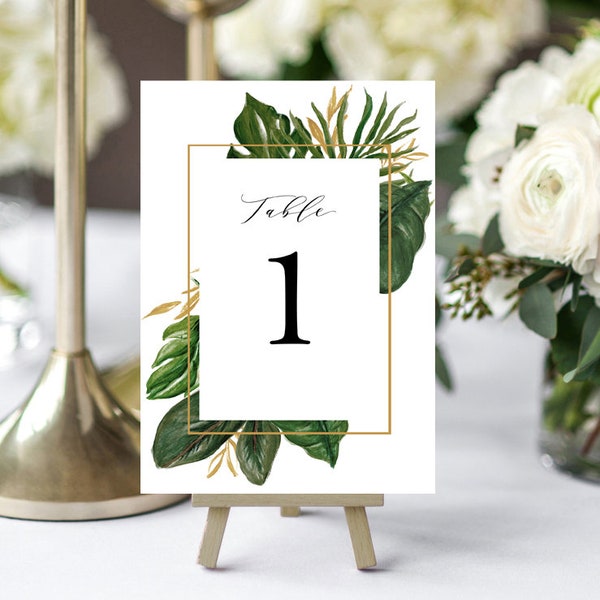 Wedding Table Number Cards 5x7" Printed Greenery Palm Leaves Tropical Island Destination Wedding - Amelie Gold Palms Collection TPC9049