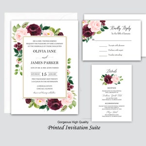 May include: A wedding invitation suite with a floral design featuring burgundy and pink flowers. The invitation includes the names Olivia Jane and James Parker, the date Saturday, January 15, 2020, and the time 2:00 PM. The invitation also includes the location Cornelia Estate, Chicago, Illinois. The RSVP card includes the text "Kindly Reply by the fifth of January". The details card includes the text "Reception" and "Southern Yacht Club".
