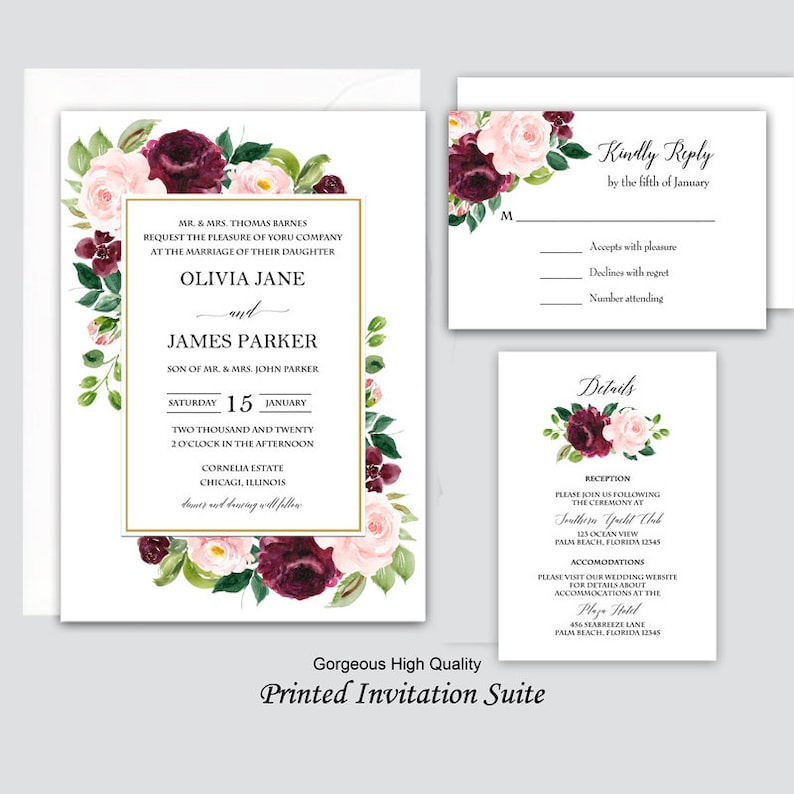 May include: A wedding invitation suite with a floral design featuring burgundy and pink flowers. The invitation includes the names Olivia Jane and James Parker, the date Saturday, January 15, 2020, and the time 2:00 PM. The invitation also includes the location Cornelia Estate, Chicago, Illinois. The RSVP card includes the text "Kindly Reply by the fifth of January". The details card includes the text "Reception" and "Southern Yacht Club".