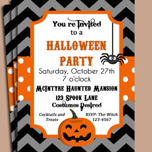 May include: Halloween party invitations with a black and gray chevron pattern background. The invitations have an orange and white border with the text "You're invited to a Halloween Party". A jack-o'-lantern and spider are also featured.