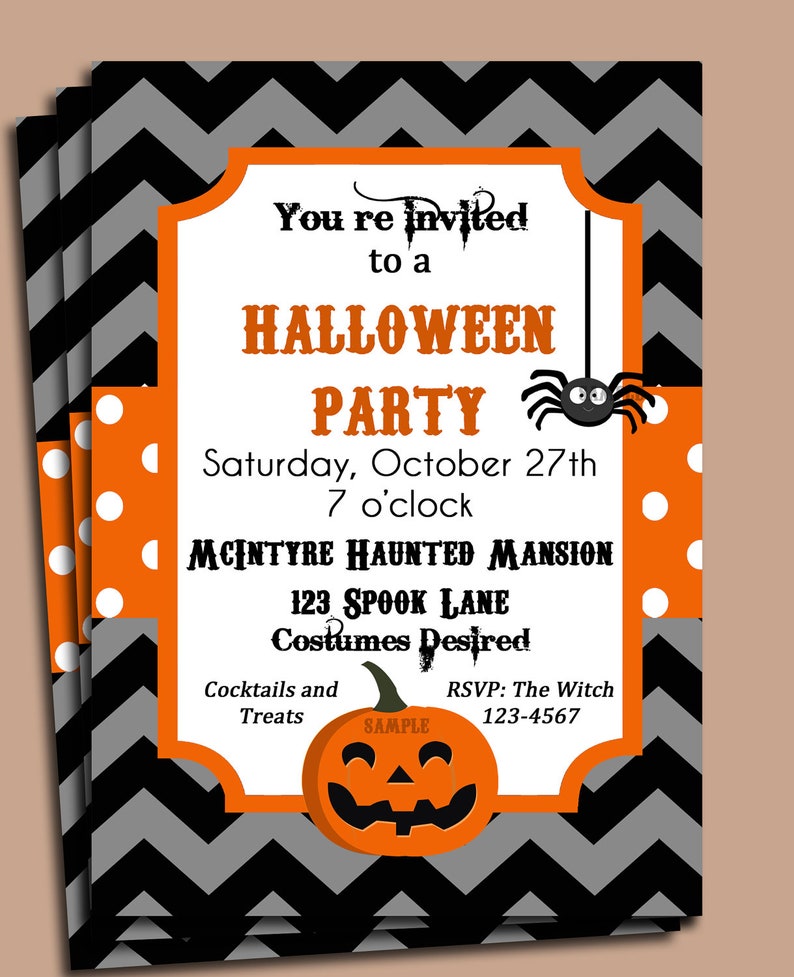 May include: Halloween party invitations with a black and gray chevron pattern background. The invitations have an orange and white border with the text "You're invited to a Halloween Party". A jack-o'-lantern and spider are also featured.