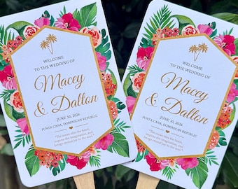 Tropical Wedding Program Fans Assembled Timeline - Fuchsia Orange Gold Palm Leaves