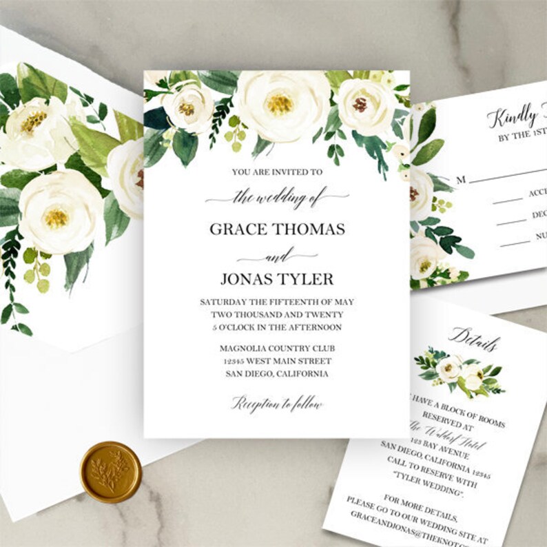 White Flower Wedding Invitations Wedding Invitation Suite Etsy
