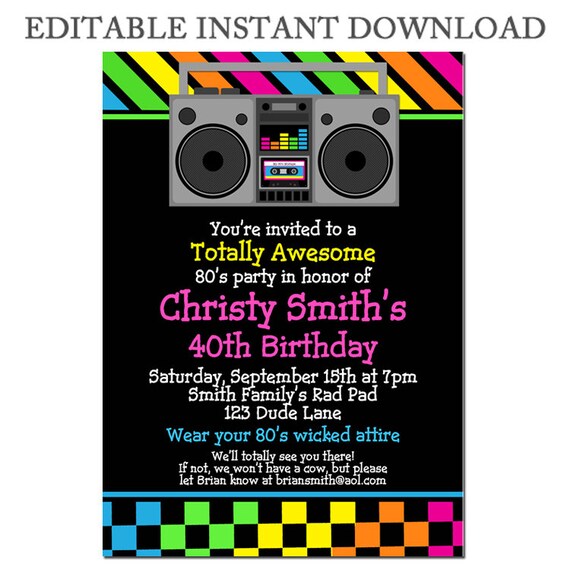 EDITABLE 80s Eighties Invitation Instant Download Printable - 80s Collection Il_570xn