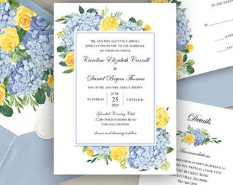 Blue and Yellow Wedding Invitations Invitation Suite Set Dusty Blue Hydrangea Blue hydrangea with yellow roses Carolyn Collection TPC9088