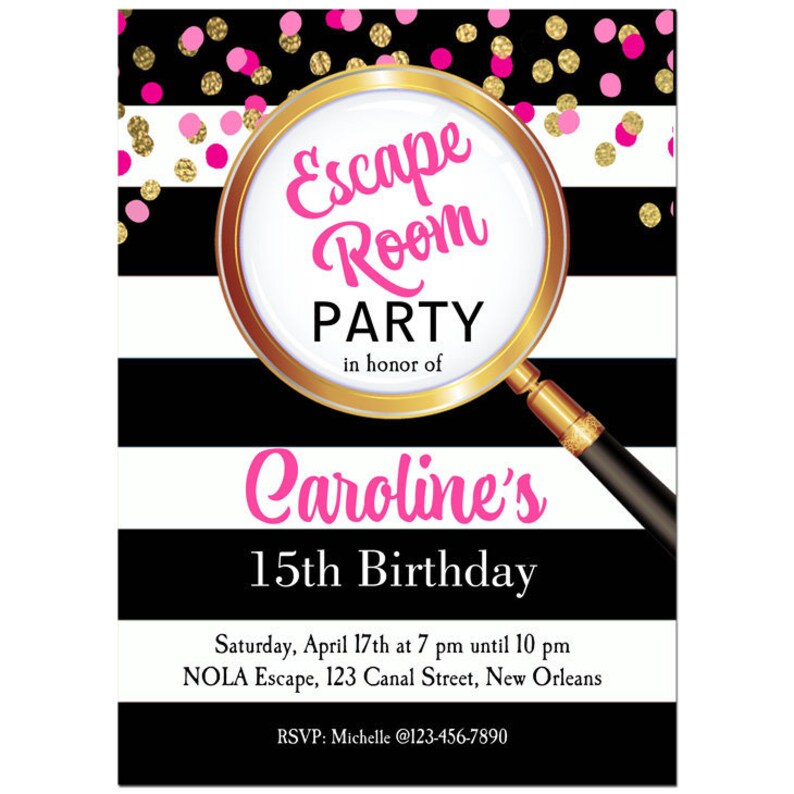 Escape Room Invitation Printable or Printed with FREE SHIPPING Girl's Confetti Collection image 1