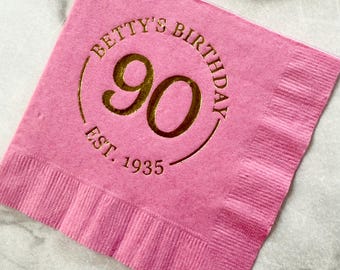 Personalized Birthday Napkins Custom Cocktail Printed Beverage Gold Foil Birthday Party 90th White Floral Gold Isabella Collection TPC9098