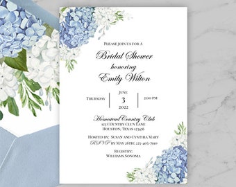 Blue Bridal Shower Luncheon Wedding Invitations Suite Engagement Party Dusty Blue Hydrangea Elizabeth Collection TPC9001