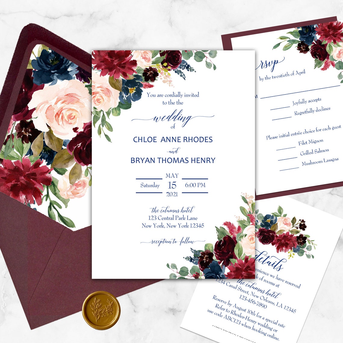 Navy Burgundy Blush Wedding Invitations Wedding Invitation image 1