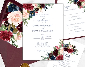 Navy Burgundy Blush Wedding Invitations Invitation Suite Engagement Party Shower Rehearsal - Navy Burgundy Blush Chloe Collection TPC9018