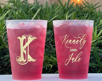 Gold Foil Printed Frosted Cups: Custom Wedding Monogram, Shatterproof 12oz