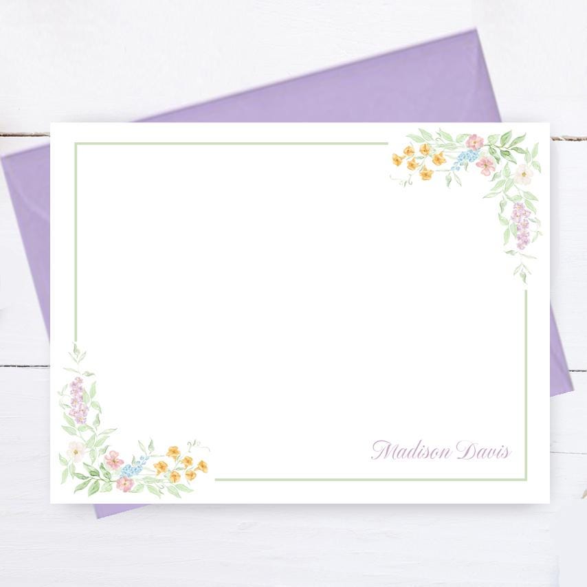 Lavender Pink Blue Floral Note Cards Personalized Stationery With ...