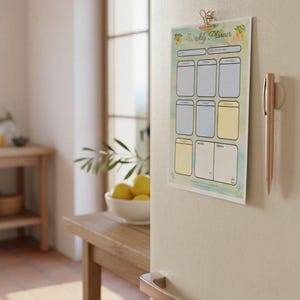 Könnte beinhalten: Ein Wochenplaner mit Aquarelldesign ist an einem Kühlschrank befestigt. Ein roségoldener Stift ist an der Seite befestigt. Der Planer hat Abschnitte für jeden Tag und Notizen. Der Kühlschrank hat roségoldene Griffe.