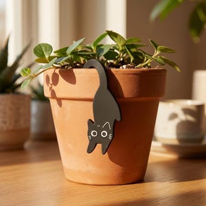 Könnte beinhalten: Ein Terrakotta-Topf mit einer grünen Pflanze und einem schwarzen, katzenförmigen Pflanzenstecker. Der Katzenstecker hat weiße Augen und Schnurrhaare. Der Topf steht auf einer Holzoberfläche, im Hintergrund sind weitere Pflanzen und eine Tasse zu sehen.