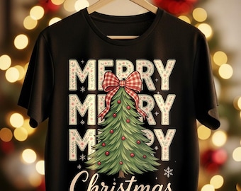 Coquette Floral Merry Christmas PNG  | Preppy Plaid Bow & Christmas Tree PNG | Faux Glitter Holiday Digital Download