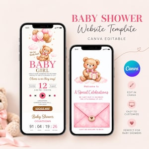 May include: Two smartphones displaying a baby shower website template with a teddy bear theme. The screens feature pink and brown graphics, including balloons, a gift, and an envelope, with text such as BABY GIRL, A Special Celebrations, and a countdown timer.