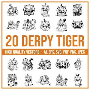 May include: A collection of 20 black and white vector illustrations of cartoon cats with various expressions. The text "20 DERPY TIGER" is displayed in large orange letters, with additional text indicating the file formats available.