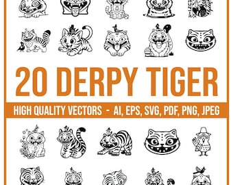20 Derpy Tiger Clipart Bundle | Kpop Demon Hunters PNG SVG | Cat & Bird Vector Pack | Digital Download for Cricut, Sublimation, Printables