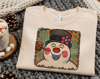 Funny Snowman Face PNG | Retro Frosty Christmas PNG | Leopard Border Holiday Clipart | Vintage Snowman Shirt Digital Download