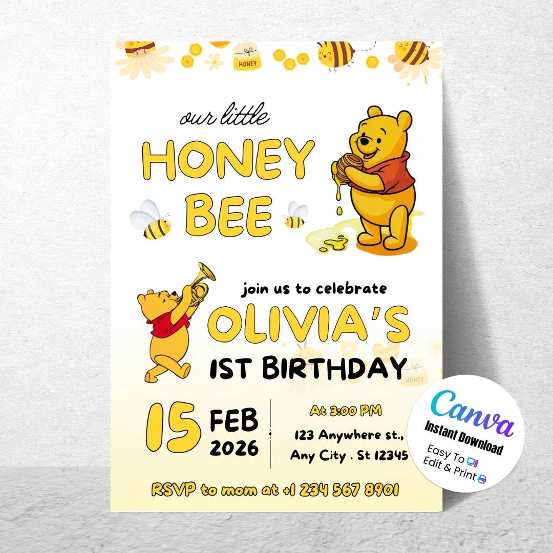 Winnie the Pooh 1st Birthday Invitation Classic Pooh Bear Template