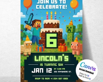 Editable Pixel Block Birthday Party Invitation Template | Crafter Boys Birthday Party | Minecraft Birthday Invitation | Canva Template