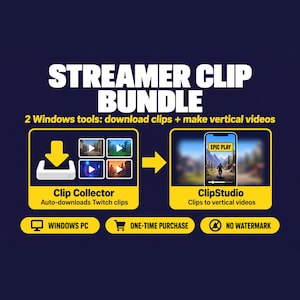 Streamer Clip Bundle, Twitch Clip Downloader + Vertical Video Maker, Clipping Tools voor Windows, Eenmalig
