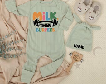 Milk Then Burpees Baby bodysuit and hat, Custom Newborn set, Baby Shower Gift, Coming Home, Cute Baby Outfit, Gym & Crossfit Baby Bodysuit