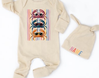 Personalized Preppy Crabs with Sunglasses Newborn Baby Romper, Custom Name Outfit, Nautical Beach Theme Bodysuit, Gift for Newborn Baby