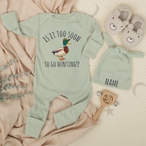 Is it Too Soon To Go Hunting Baby Newborn bodysuit and hat set, Duck Hunting, Mallard Clothes, Newborn Baby Shower, Little Hunter Gift