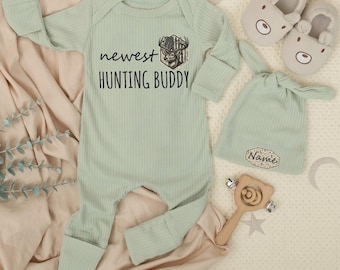 Newest Hunting Buddy Newborn bodysuit and hat set, Deer Hunting, Camo Clothes, Pregnancy Reveal, Newborn Baby Shower, Little Hunter Gift