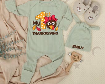 My 1st thanksgiving Baby bodysuit and hat set, Newborn, Baby Shower Gift, Coming Home, Long Sleeve jumpsuit, Baby girl Announcement Outfit