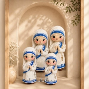 May include: Four crocheted dolls of a nun in a wooden frame. The dolls wear white habits with blue accents and a cross pendant. The dolls are arranged in a niche with a vase of flowers on the left and greenery on the right. The text "Tranh Bui" is at the bottom.