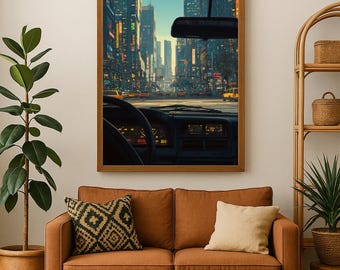 May include: A framed print shows a city scene from a car's interior. The artwork hangs above a brown sofa with cushions. A round, black coffee table holds an open book. A potted plant and a woven stool are on the left.
