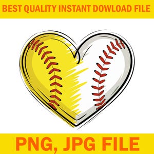 May include: A heart-shaped design combining a yellow softball and a white baseball, with red stitching. The image has the text "BEST QUALITY INSTANT DOWLOAD FILE" at the top and "PNG, JPG FILE" at the bottom.