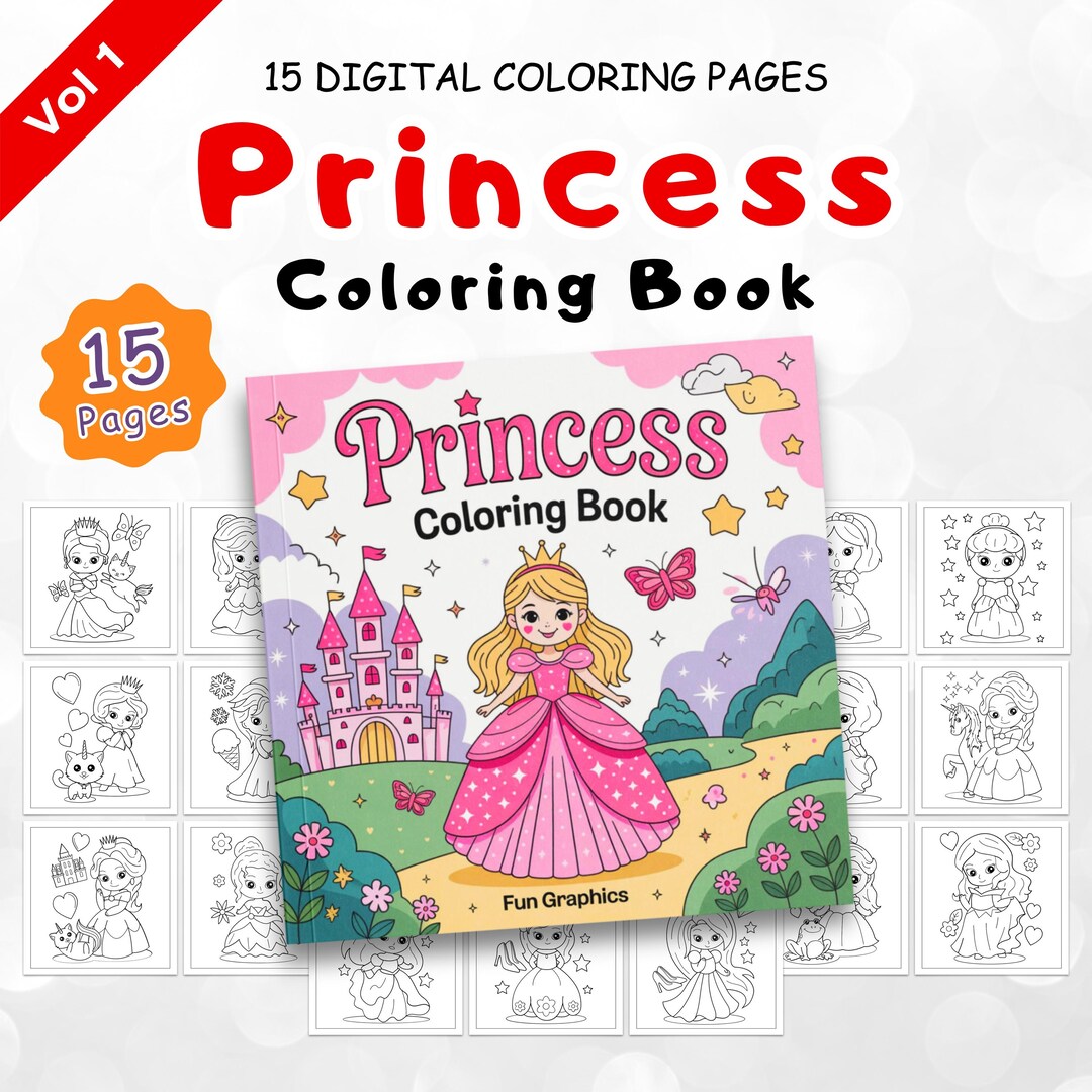 Princess Coloring Book for Kids | 15 Cute Princess Coloring Pages | Fun ...
