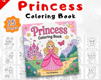 Prinsessenkleurboek voor kinderen | 15 schattige prinses kleurplaten | Leuke afdrukbare activiteit voor meisjes | PNG-bundel direct downloaden |