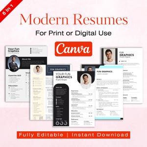 Puede incluir: Una colección de plantillas de currículums modernos para uso impreso o digital. Las plantillas presentan un diseño limpio con secciones para información de contacto, habilidades y experiencia laboral. El logotipo de Canva se muestra.