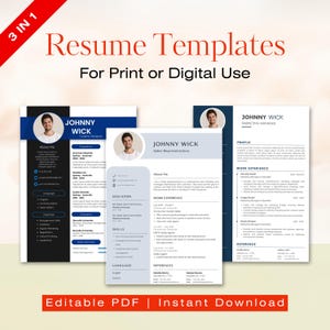 Op de afbeelding: Drie cv-sjablonen voor print of digitaal gebruik. De cv's bevatten de naam "Johnny Wick" en bevatten secties voor ervaring, vaardigheden en opleiding. Het ontwerp is modern met blauwe en witte accenten. De tekst "Editable PDF | Instant Download" staat onderaan.