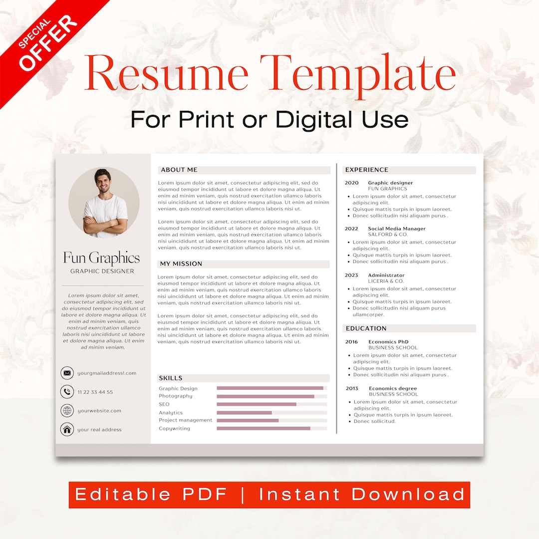 Modern Landscape Resume Template: Professional CV Design (instant ...