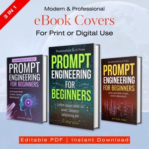 Könnte beinhalten: Drei eBook-Cover für "Prompt Engineering for Beginners" werden gezeigt. Die Cover haben ein lila, grünes und braunes Farbschema mit dem Titel in großen, fetten Buchstaben. Die Cover sind für den Druck oder die digitale Nutzung konzipiert.