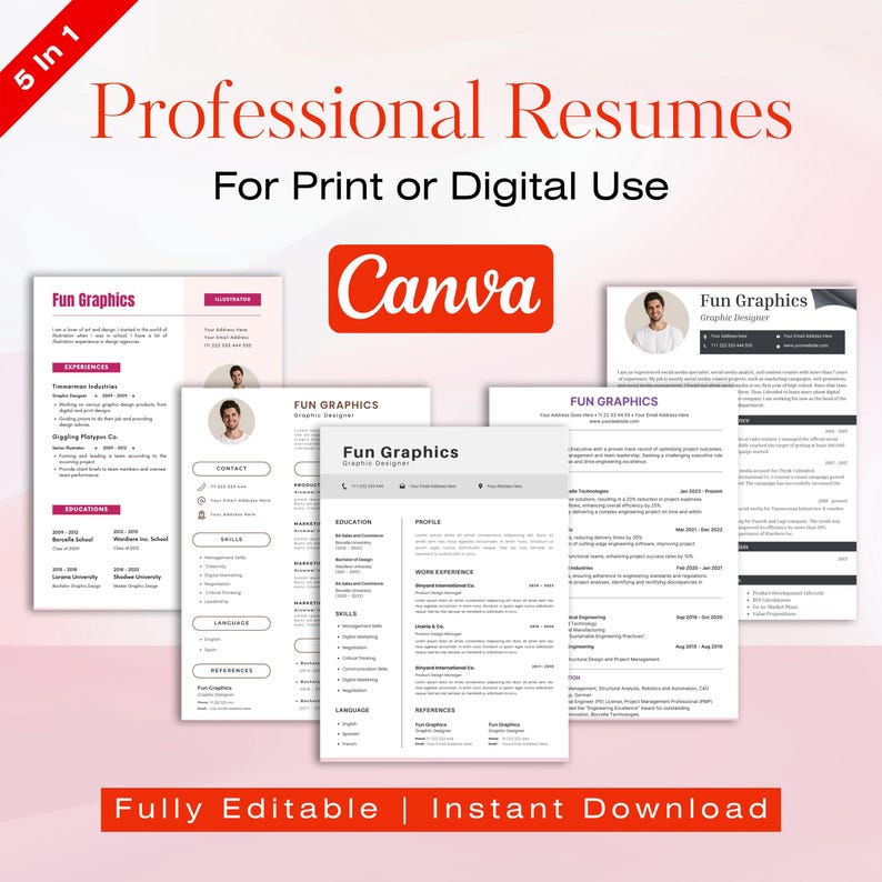 5 Modern Professional Resume Templates With Photo | Editable Canva CV ...