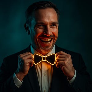 Op de afbeelding: Een man in een zwart pak en wit overhemd glimlacht, terwijl hij een gloeiende oranje vlinderdas vasthoudt. De vlinderdas heeft een zwart midden en een helder oranje omtrek. De achtergrond is donkerblauwgroen.