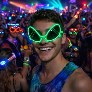 May include: A person wearing bright green alien-shaped sunglasses with a glowing neon effect. The sunglasses are the focal point, set against a blurred background of a crowd at a concert or festival, with other people wearing similar glowing accessories.