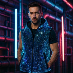 May include: A sleeveless, hooded vest with a blue fiber optic design. The vest has a zipper closure and two pockets. The background features red and blue neon lights and industrial piping.