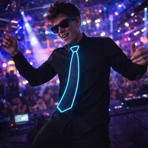 May include: A black shirt and sunglasses with a glowing blue tie. The tie is outlined with a bright neon light. The background is a blurred image of a crowd and stage lights.