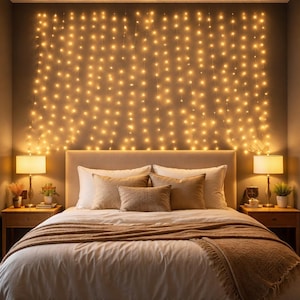 Puede incluir: Un dormitorio con una cama con ropa de cama blanca y almohadas color beige. Una manta marrón está colocada al pie de la cama. Una pared de luces de cadena blanco cálido cuelga detrás de la cama, con lámparas de noche.