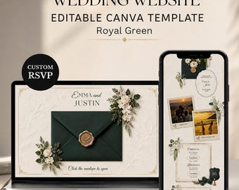 Royal Green Wedding Website Template | Editable Canva Invitation with Trackable RSVP (Digital Download)