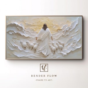 Peut inclure: Une œuvre d'art encadrée représente une figure en robes blanches aux longs cheveux bruns, menant un troupeau de moutons. La peinture en relief texturée présente un soleil doré et des nuages stylisés. L'œuvre est intitulée "RENDER FLOW - FRAME TV ART."